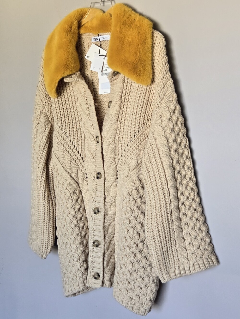 NWT Zara Cable Knit Cardigan with Removable Fur Collar - Picture 9 of 12